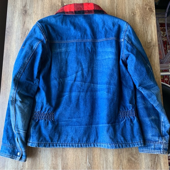 Vintage 70s 80s Action West Denim Chore Jacket Buffalo Plaid Wool Lined Medium - Picture 7 of 10
